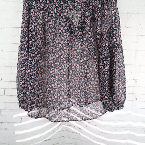 ANN TAYLOR LOFT PETITES BLUE FLORAL SEMI SHEER V NECK LONG SLEEVE TOP SIZE MP - Picture 10 of 10